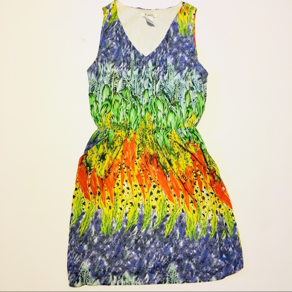 Pinky Green Blue Orange Yellow Feather Print Dress